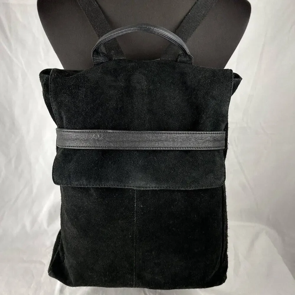 Asos Womens Backpack Bag‎ Purse with Flap Black Suede Leather Mix Minimalist